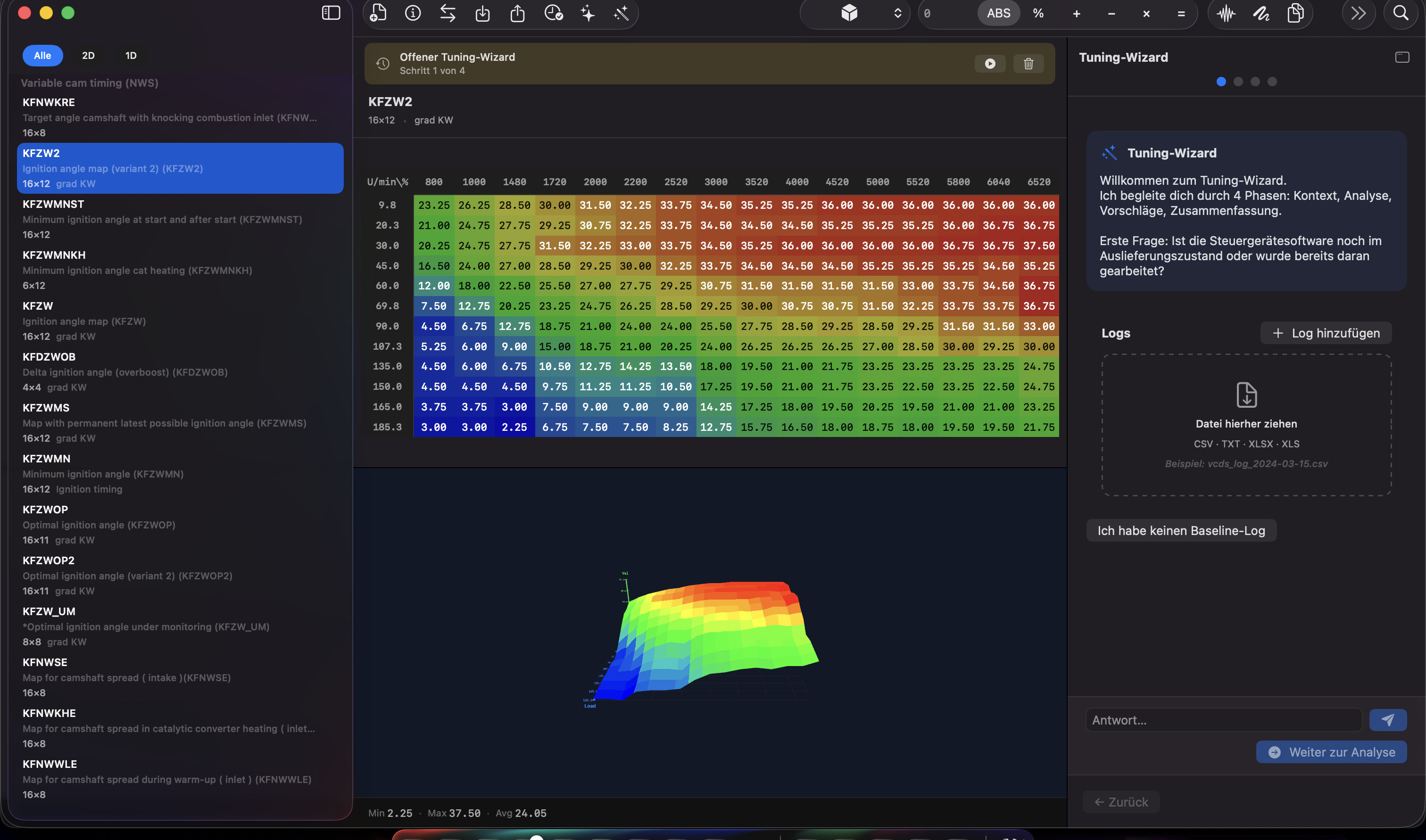 Lambtune Mac: KFZW2 Zündungs-Kennfeld mit Heatmap, 3D-Oberfläche und Tuning-Wizard