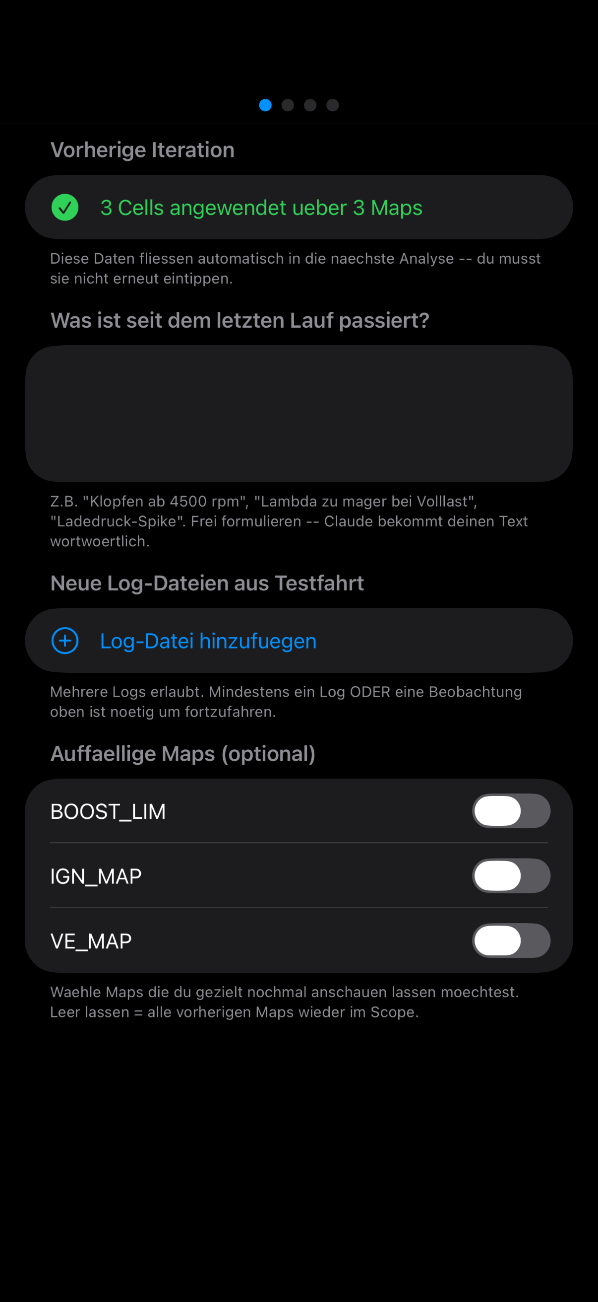 Wizard Phase 5 — Iteration: vorherige Audit-Zusammenfassung, neue Logs hinzufügen, auffällige Maps wählen